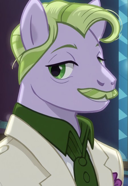safe_pos, safe_pos, safe_pos, score_9, score_8_up, score_7_up, source_anime, rating_nsfw, ultra hd, absurdres, solo, masterpiece, best quality, best aesthetic, Expressiveh, wolfconf, 1boy

MLPBigBucks, green hair, green mustache, purple suit, green suit, looking at viewer, smiling, anthro, portrait, headshot, human