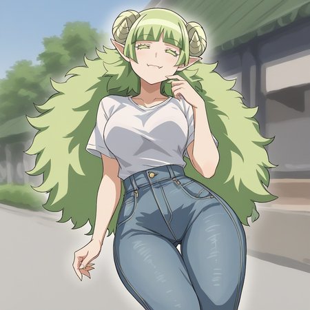 score_9, score_8_up, score_7_up, score_6_up, score_5_up, score_4_up, zPDXL2,source_anime,rating_questionable,  1girl,  casual, high waist jeans, wide hips, tee shirt, <lora:Mrs.Valac:0.8> Ms.Valac_IrumaKun,  blunt bangs, green hair,long hair,  demon girl, demon horns, curled horns, pointy ears,