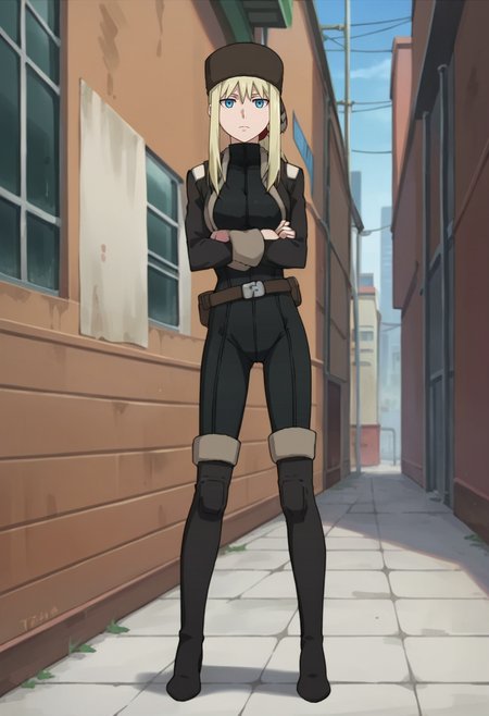 score_9,score_8_up,score_7_up,score_6_up,score_5_up,score_4_up,anime coloring BREAK source_anime,anime,<lora:Tanya_Akulova_Darker_than_Black_Pony:0.7>,tanyadtb,1girl,solo,blue eyes,blonde hair,ponytail,sidelocks,ushanka,bodysuit,cropped jacket,belt pouch,thigh boots,expressionless,standing,crossed_arms,city alley,looking_at_viewer,