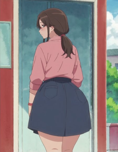score_9, score_8_up, score_7_up, anime screencap,1girl, solo, glasses, brown hair, shirt, pink shirt, brown eyes, skirt, looking at viewer, long hair, ponytail  from behind,huge ass,blush,<lora:kusakaorie:0.8>