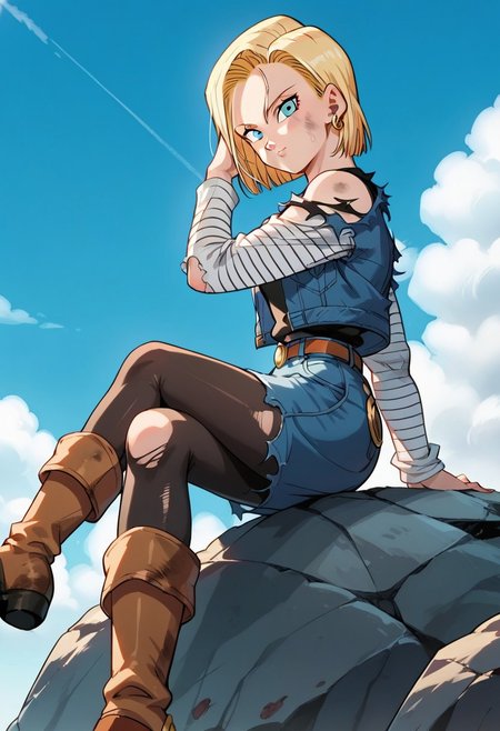 source_anime, score_9, score_8_up, score_7_up, anime screencap, high quality, 
android18, 1girl, solo, blonde hair, blue eyes, short hair,
outif1, stripped sleeves, denim jacket, denim skirt, pantyhose, belt, torn sleeves, long sleeves, boots,torn clothes, black legwear, brown footwear,
looking at viewer, sitting on rock, sky,  crossed legs, arm at side, bare shoulders, dirty face, dirty clothes, hand in own hair, from side, from below, shoe soles, torn sleeves