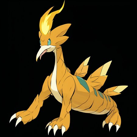 <lora:pokemon_pony_xl:1>, watercolor creature art like pokemon, Type: Ground, Type: Fire, Egg Group: Dragon, is a pokemon creature that The creature's back is adorned with a yellow (orange:0.8) saddle-like marking, indicating its rank within its social hierarchy,The creature can create Silver bubbles from its mouth, which it uses as playful toys or to distract predators.,The creature's gait is silent, making it a formidable predator in its natural habitat,The creature's laugh echoes with a Copper cadence that brings joy to all Normal beings in earshot,The animal's beak is serrated, perfect for tearing into the tough hide of Salamander score_9, score_8_up, score_7_up, score_6_up, score_5_up, score_4_up.  Simple black background, (Masterpiece:1.3) (best quality:1.2) (high quality:1.1)
