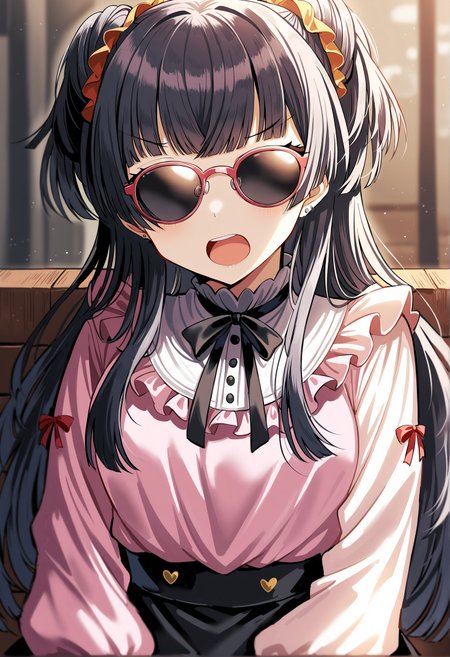 1girl, mayuzumi fuyuko, idolmaster, sitting,blunt bangs, double bun, sunglasses
<lora:light_sharp_style_magin3.1-000040:0.7>,open mouth, pink shirt