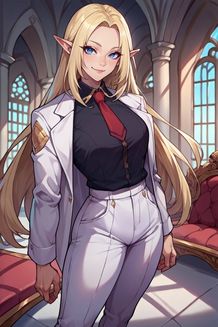 score_9, score_8_up, score_7_up, score_6_up, source_anime, 1girl, solo  <lora:alpha-pdxl-nvwls-v1-000005:1> alpha, blue eyes, blonde hair, pointy ears, white suit, white pants, black shirt, collared shirt, red necktie, looking at you, smile, mansion, lounge, standing