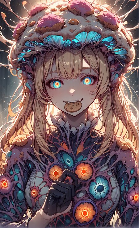 masterpiece, sharp detail, intricate detail, hair shader, 1girl,  <lora:MyceliumT-000014:1>,  myceliumt, blonde hair, dress, glowing eyes, detailed eyes, gradient eyes, eyelashes, detailed face, detailed eyes, looking at viewer, smile, cookie in mouth, half gloves, Bvibrant colors, dramatic shadows, cinematic lighting, detailed background, light and shadow contrast, glowing light particles, light particles,