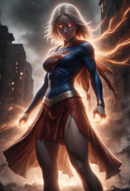 High resolution ultra-realistic of Beautiful Kiernan Shipka as Supergirl fighting against alien invasion, cinematic style, standing on a bloody and stormy battlefield in a fighting pose, bloody massacre, fire, ultra fine details, 8k resolution, dramatic lighting, high contrast shadows casting over his iconic "S" emblem, capturing the intensity of the moment, cinematic quality. hyperdetailed vibrant color, complex, portrait, Intricately Designed combat costume and red mini skirt, 8k resolution concept art, superheroine charming, portrait by Greg Rutkowski, beautiful firm Breasts, defiant and seductive, Artgerm, WLOP, Alphonse Mucha, perfect composition, beautiful detailed intricate, perfect big eyes, detailed octane render, digital painting, pixiv contest winner, official art, anime, official art, character design, trending on artstation, high quality model, best quality, high quality, highly detailed, 8k, best quality, high quality, highres, detail enhancement, 8k, hdr, sharp focus, ultra detailed, perfect lighting