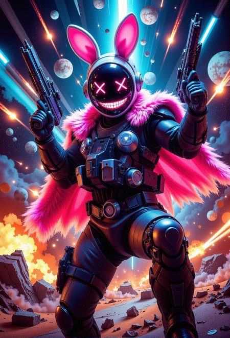 A vibrant, neon-soaked scene captured in a dramatic Dutch angle, featuring a charismatic figure in a futuristic astronaut helmet with pink bunny ears. The black visor of the helmet displays a glowing cartoonish smile and two bright, abstract eyes represented by luminous crosses. The character strikes a dynamic combat pose, exuding confidence, with their semi-transparent energy rifles glowing in electric blue and pink, casually held upward, as if ready for action. They wear a rugged, flamboyant pink fur cape over sleek high-tech armor. Comets streak across a fiery cosmic backdrop filled with colorful nebulae, rocky debris, and distant planets. The surreal, chaotic energy of the setting amplifies the playful yet menacing aura of the bunny-eared warrior, standing at the center of an explosive galactic battlefield. <lora:FLUX-daubrez-DB4RZ.safetensors:0.5>,  <lora:aiai-Glimra-Flux-Dev-v2.safetensors:0.5>,  <lora:boFLUX digital-abyss.safetensors:0.5>,  <lora:boFLUX AbstractMorph.safetensors:0.85>,  <lora:aidmacatched-FLUX-v0.1.safetensors:0.7>,