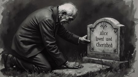 A poignant/ grayscale portrait captures the somber mood of a heart-wrenching moment in time. An elderly man is depicted on his knees beside a weathered gravestone/ overcome with emotion as he mourns the loss of someone dear to him. His face conveys a deep sadness/ etched by sorrow and grief/ as tears well up in his eyes. The tombstone bears the heartfelt inscription "Alice - Loved and Cherished"/ its words imbuing the scene with a sense of profound love and longing. The man's worn hands grasp at the edge of the stone/ as if holding on to what he has lost for dear life.