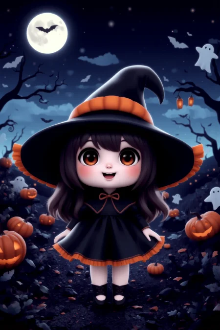 cute, halloween night, horror, (bats), moon in the sky, portrait, (standing:1.2),  happy smiling, red eyes,(very detailed), best quality,  sharp focus, Amber pumpkin-themed costume, hanging ghost decorations, horror noir, haunted rainstorm, eerie green light, ethereal lights, backlight, shadows, high contrast, hdr, <lora:Anti-Blur:0.8> <lora:Hand v2:0.8> Detailed hand, Hand, Perfect hand <lora:aidmaImageUpgrader:0.8> aidmaimageupgrader  <lora:PinkieChibiHalloweenFLUX:0.8> pinkchibihalloween