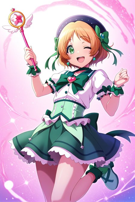 masterpiece, best quality, amazing quality,
 <lora:Miiko_IL:1> miiko, 1girl, one eye closed, green eyes, solo, smile, bow, open mouth, skirt, wrist cuffs, green bow, hat, short hair, wand, holding, magical girl