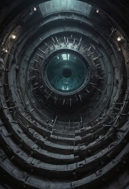 Realistic, high Quality, very detailed, Vintage Photo, Film grain, eve-style, INSIDE outworn spacecraft, spiked Sphere, stairs, eerie scenery, Low Key color graded, intricate Sci-fi Elements, panels, water basin,