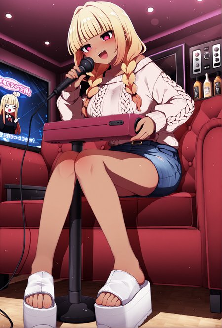 masterpiece, best quality, 
by you (noanoamoemoe),
from side, (low angle:1.1),
1girl, tan skin, gyaru, 
sweater, denim skirt,
large breasts, 
(l4c4rte sandals), (platform footwear), (white footwear:1.1),
feet, toes, 
(blonde hair), (white makeup),
cute face, perfect face,
sitting on leather couch,
karaoke box, karaoke, microphone,