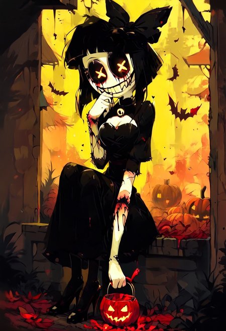 1girl,  creepy susie, ((Goth Girl with very pale skin))  , eyepatch on left eye, smile, grin, 
BREAK
score_9, score_8_up, score_7_up, score_6_up, source_cartoon, rating_explicit 
GothMakeup
MuscleBae
BondageAttire
black hair bow, black sclera, colored sclera, yellow eyes, short black hair, braids, black dress, black high heels,  stitches, injury, scars, + +, injury, scars, blood, black tears, tr1ck0rtr3at, holding, Halloween bucket in left hand, doorway, street background, jack-o'-lantern, trees, falling leaves, yellow orange and red leaves, holding a butcher knife in right hand, witch hat
