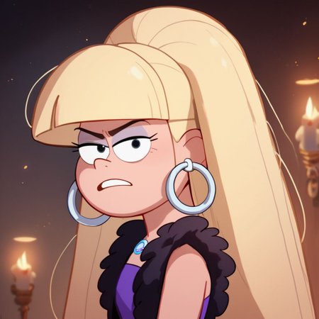 score_9, score_8_up, score_7_up, score_6_up, score_5_up, score_4_up, 1girls, Pacifica, blond hair, in a haunted house, flashlight, hoop earrings, solo, dress