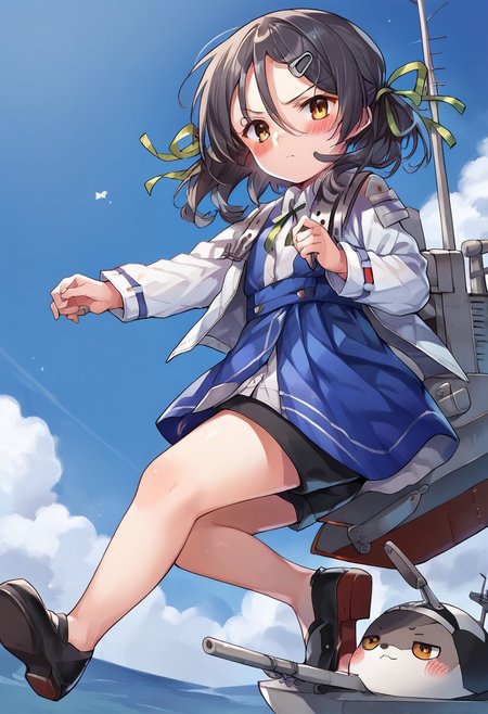 score_9, score_8_up, score_7_up, source_anime, inagi (kancolle), black footwear, dress shirt, long sleeves, blue dress, green ribbon, blush, turret, rigging, jacket, black shorts
