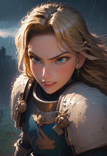 1girl, solo, 24 year old woman, large build, running:1.4, beautiful, long hair, blonde hair, freckles:1.4, face uplifted:1.6, looking up, looking at the sky, earrings, (fierce) grin:1.5, crying:1.5, teeth clenched:1.4, angry smile:1.5, wide hips, knight armor:1.5, heavy armor, gauntlets, greaves, bright blue eyes, rain falling on her face:1.5, tan skin, tears on chin, tears on cheeks, action pose:1.3,

dusk, after battle, muddy field, some grass, fallen soldiers around her:1.4, storming, dark gray sky, dark sky:1.4, streaming banners, battlefield, intense rain:1.3, dreary, raining, overcast, mountains and hills in the background,

score_9, score_8_up, score_8, masterpiece, best quality, official art, extremely detailed, CG unity 8k wallpaper, absurdres, high definition, photorealism:1.5, detailed shading, high contrast, ambient occlusion, vivid colors:1.5, saturated colors:1.6, 

dynamic angle:1.3, cowboy shot, cinematic, from above:1.3,

expressiveh, whites40k, tears, 