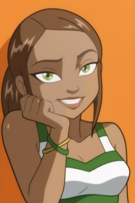 <lora:LionessV2:0.8> Lioness, bright green eyes, brown hair, hair highlights, cheerful smile, hand on face, playful expression, green and white top, close-up shot, orange background, cartoon style, face focus, glowing eyes, happy expression, casual pose