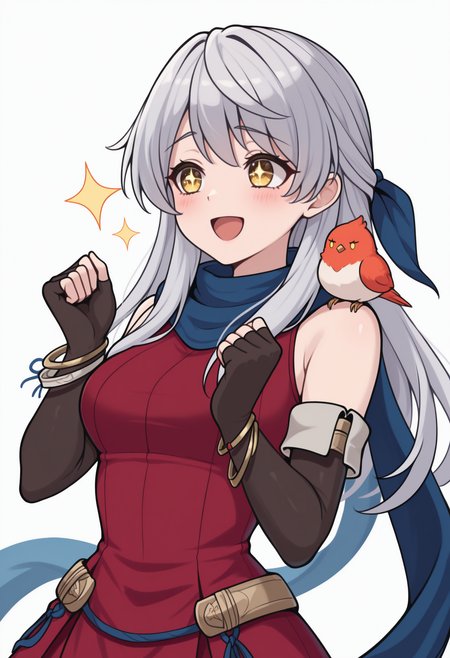 masterpiece, best quality, upper body, solo, 1girl, mchdef, blush, :d, looking away, standing, hands up, clenched hands, bird on shoulder, long hair, grey hair, half updo, hair ribbon, blue ribbon, yellow eyes, sparkling eyes, raised eyebrows, red dress, sleeveless dress, black gloves, elbow gloves, fingerless gloves, blue scarf, bracelet, bangle, bare shoulders, simple background, white background
<segment:yolo-Anzhc Face seg 640 v2 y8n.pt,0.4,0.5//cid=1>