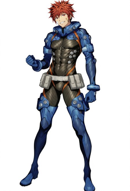 masterpiece,best quality,newest,absurdres,highres,asahi inui,solo,looking at viewer,smile,1boy,gloves,alpha omega spacesuit,standing,full body,male focus,parted lips,boots,teeth,belt,grin,muscular,covered navel,bodysuit,abs,thigh boots,own hands together,clenched hand,skin tight,legs apart,blue footwear,contrapposto,bandaid on face,blue gloves,black-blue bodysuit,belt pouch,<lora:AsahiInui_noob:1>,