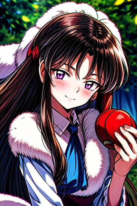 masterpiece,  best quality 1girl Setsun4 solo long hair,  (night time) forest background black hair very long hair purple eyes multicolored hair armor (fur trim) (medium body),<lora:EMS-179-EMS:0.800000>,<lora:EMS-293862-EMS:0.800000> bow, hair_bow, hair_tubes, red_bow, brown_hair, long_hair, bangs, sidelocks, ascot, brown_eyes, frilled_bow, yellow_ascot, blush, smile, hair_between_eyes