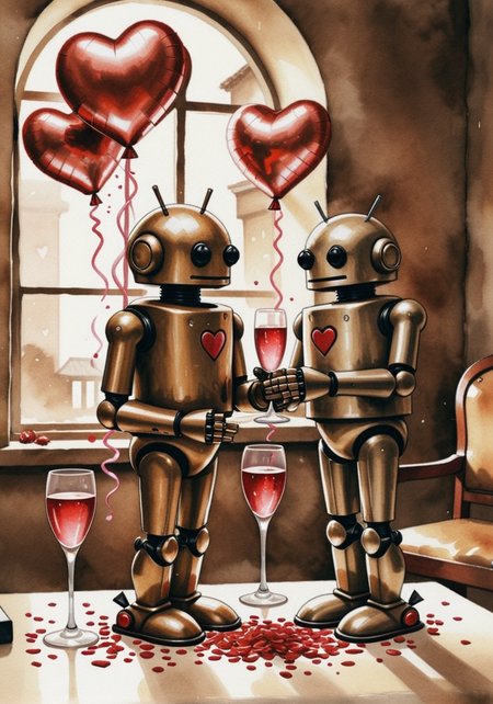 (object: (android, robot:1.36) (filled,champagne flute:0.98))  , (color scheme:(sepia:1.29)), (location:(arena:1.16)), (Valentines Day:1.25), (romantic scene:1.3), showing (love:1.2) and (affection:1.15), floating hearts(epic:1.2), trending on artstation, (high quality:1.2), (masterpiece:1.2), high details, incredibly absurdres, colorful), ,,,(gouache paint:0.66) (polaroid:0.66),(Stonetoss Style:1.28) (Pokemon RGBY Style:0.8) (Sushi Yuusha Toro Style:1.38), , (comp_right:0.74) (lower_angle:1.31)