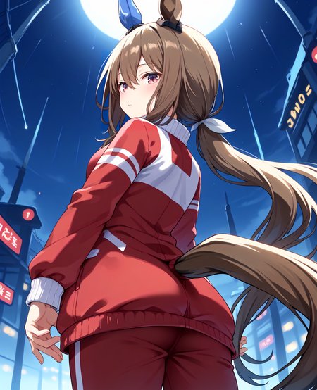 score_9, score_8_up, score_7_up, 1girl, (looking at viewer:1.2), (open mouth:0.6), expressionless,, blush, , (Pretending to skip rope:1.2),, (from behind, from below:1.2),
admire vega \(umamusume\),  <lora:pony_admire_vega_v1.02:1>, horse ears, horse tail, hair between eyes, low ponytail, single ear cover,
<lora:_sdxl-um-tracenjersey-pony:0.6>, red jacket, track jacket, , tracenjerseypants, red long pants,,
,