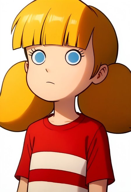 score_8, score_8_up, score_7_up, score_6_up, source_cartoon, BREAK, 1girl, solo, female focus, penny_ig, blonde hair, twintails, red shirt, stripe, flat chest, upper body, simple background, white background, o_o, meme, no mouth, looking at viewer