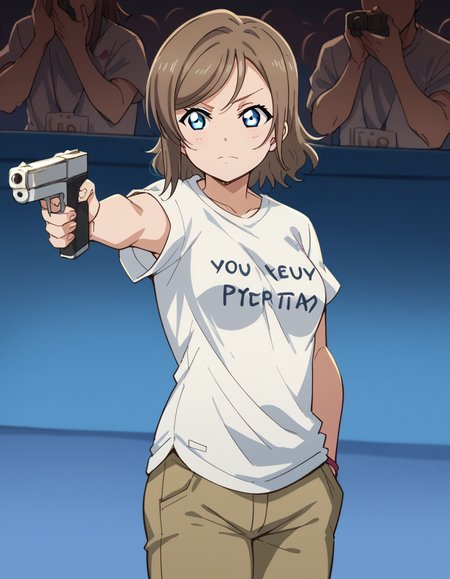score_9, score_8_up, score_7_up, source_anime, <lora:you-watanabe-s2-ponyxl-lora-nochekaiser:1>, you watanabe, blue eyes, brown hair, short hair, swept bangs, medium breasts, <lora:yusuf-dikec-ponyxl-lora-nochekaiser:1> yusuf dikec, yusuf dikec (meme), meme, hand in pocket, handgun, holding gun, gun, shirt, t-shirt, pants, audience,, , cowboy shot,