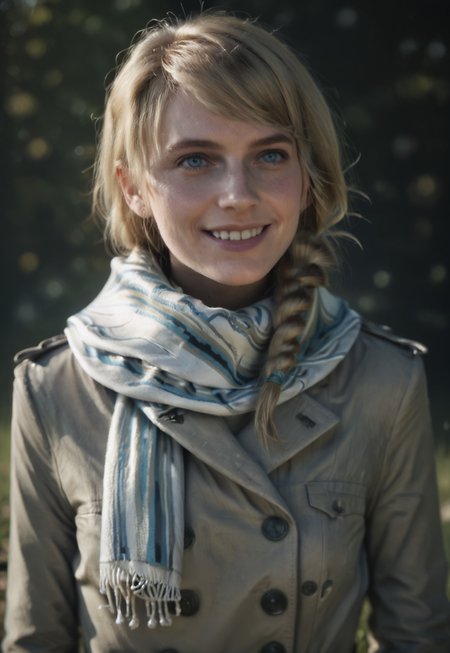 Stable_Yogis_PDXL_Positives, score_9, score_8_up, score_7_up, realistic, natural skin texture, fine pores, realistic skin, intricate skin details, skin dentation, skinny, lunafreya, 1girl, solo, blue eyes, blonde hair, braid, single braid, braided ponytail, swept bangs, scarf, striped scarf, multicolored scarf, trenchcoat, double-breasted, buttons, grin,
