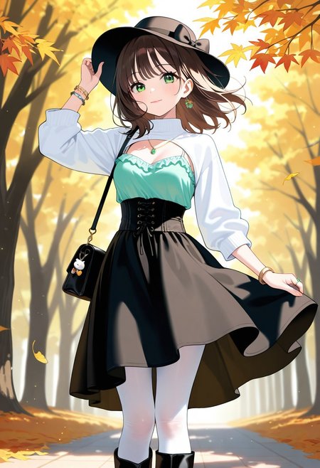 (masterpiece, best quality, absurd res, detailed, amazing quality, vivid colors, newest, very aesthetic, highres, expressive eyes), dim light, soft light, rim light, wind, autumn, falling leaves, hand_on_headwear, 
medium hair, green eyes, frilled camisole, camisole, shrug, high collar, necklace, lipstick, handbag, light smile, charm \(jewelry\), ring, bow, light blush, light particles, bracelets, corset, belted skirt, knee_skirt, white pantyhose, heeled boots, hat_bow, hat,