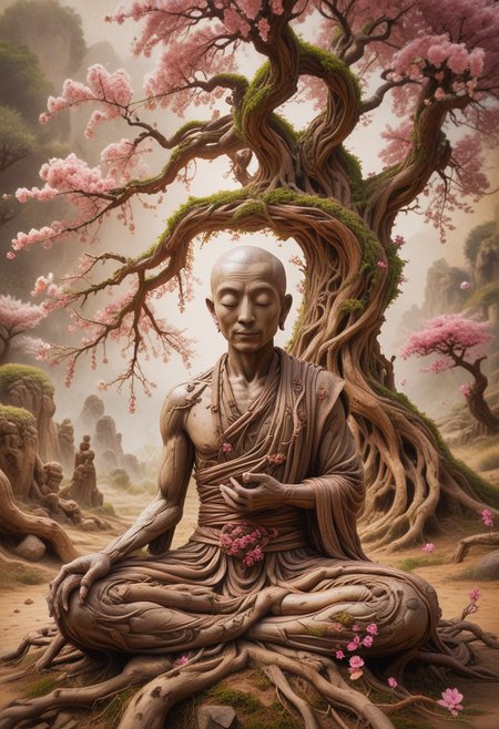 (ULTIMATE style, INK WASH, vivid colors, psychedelic) of a  buddhist monk meditating in the desert, hybrid monk (cherry tree), monk fused with cherry blossom, monk fused with growing roots,ral-tr33brnch, intricate details, masterpiece, best quality
