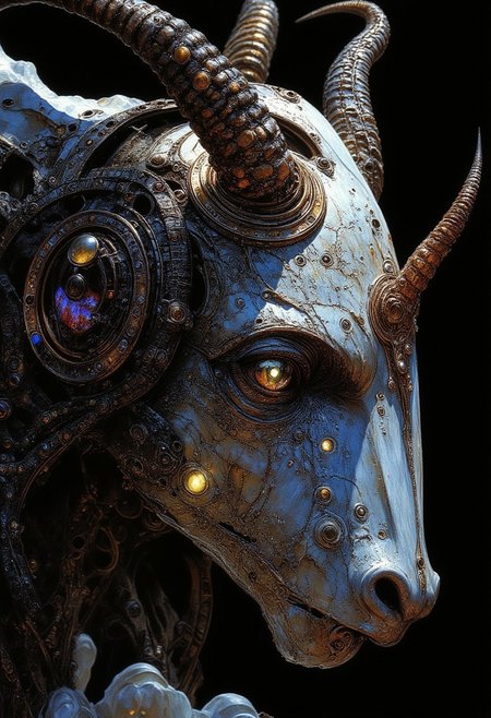 masterpiece, best quality, amazing quality, very aesthetic, absurdres,  newest, volumetric lighting, holographic colors, horns, complex horns, cute, gradient colors, multicolored eyes, milf, dark background, masterpiece, best quality, amazing quality, very aesthetic, absurdres,  newest, volumetric lighting, white sphere on the background