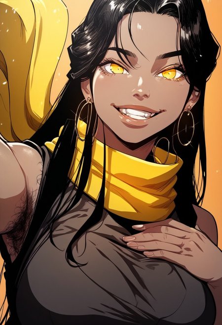 detailed face, detailed eyes, high resolution, intricate design, sharp edges, smooth, high detailed, god level, good proportions, detailed fingers, hairymorph, hairy arms, hairy legs, hairy thighs, hairy armpits
...
(Dam RyungKyung, 1girl, huge breasts, covered breasts, dark-skinned female, yellow eyes, black hair, long hair, earrings, yellow scarf, black kimono, sleeveless, thicc thighs)
...
looking at viewer, standing still, front view, hand on chest, close up, selfie, thighs up
...
score_10, score_9, score_8, 1girl, solo, alone, beatifull smile, teeth, expressive eyes
...
orange background