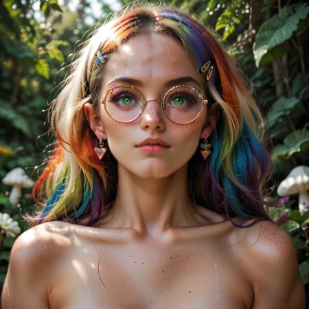 score_9, score_8_up, score_7_up, score_6_up,
1girl, Mycelia, rainbow colored hair, candy hairclip, round glasses, green eyes, freckles, petite, naked, rainbow colored pubic hair