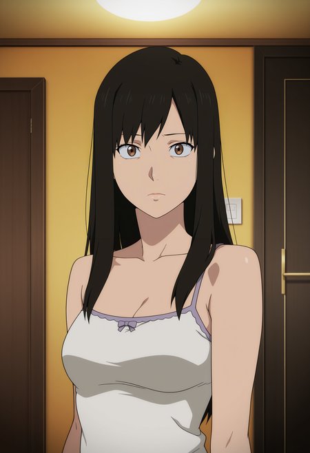 1girl,solo,mm,mature female,long hair,black hair,brown eyes,anime coloring,
camisole,bare shoulders,upper body, looking at viewer, indoors
,masterpiece,best quality,amazing quality,<lora:Kaori-Gyo:0.8>