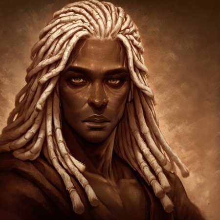 masterpiece, best quality, newest, absurdres, highres, D3CSPS-V1.0, brown theme, sepia, monochrome, 
1boy, dark skin, dark-skinned male, dredlocks, white dreadlocks, african, african male,