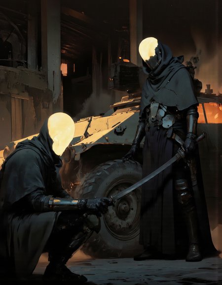 Art by Piotr JabÅoÅski. A digital illustration shoot from the side about a futuristic scene featuring two silhouetted figures in dark armor with glowing hoods, one kneeling and one standing, in a post-apocalyptic setting. the scene is set in a dimly lit, industrial environment with a smoky, smoky atmosphere and a large, armored vehicle in the background. on the left of the image, a humanoid figure, who appears to be in a crouched position, is facing the viewer with a serious expression, wearing a glowing, hooded cloak that covers their face and body. the figure on the right, who is standing with a weapon in hand, is also in a squatting position, holding a sword. both figures have glowing, glowing eyes and appear to be armored, with a sleek, metallic design. the overall atmosphere is dark and moody, with shadows and highlights adding to the dramatic lighting effect.