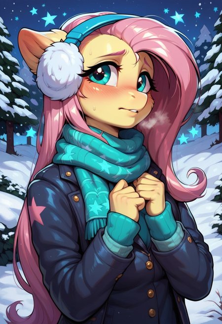 score_9, score_8_up, score_7_up, score_6_up, semi-realistic artwork, detailed background, high quality, vibrant colors, best quality rendering, intricate details, high resolution, sharp focus, best render quality, (background-winter forest, snow, night, stars, glowing stars), close up view, focus on face,
1girl, solo, Fluttershy (anthro pony), 18 yo, long hair, narrow shoulders, skinny, shiny skin, small perky breasts,
wearing a winter coat, scarf, mittens, fluffy winter earmuffs,
dynamic pose, shivering, 
shy, blush, blushing, embarrassed, looking back at viewer, hot breath,