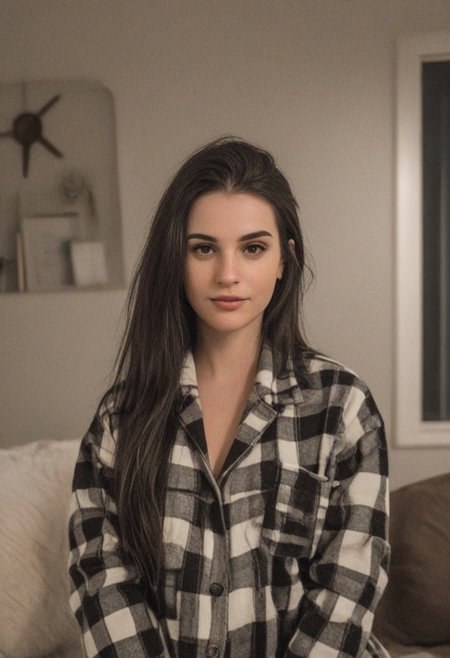 30yo woman wearing Plaid Polar Fleece Shacket with white textures 
long black dark hair slick back and smooth. Kissface. 
smile. Looking at camera. POV.
happy. 
Living room. Fully furnished.
Night time.
Portrait.