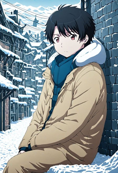 high resolution, solo, best quality, 1Boy, Inaho Kaizuka, Black Hair, chilling, snow town, winter jacket, OverallDetail
