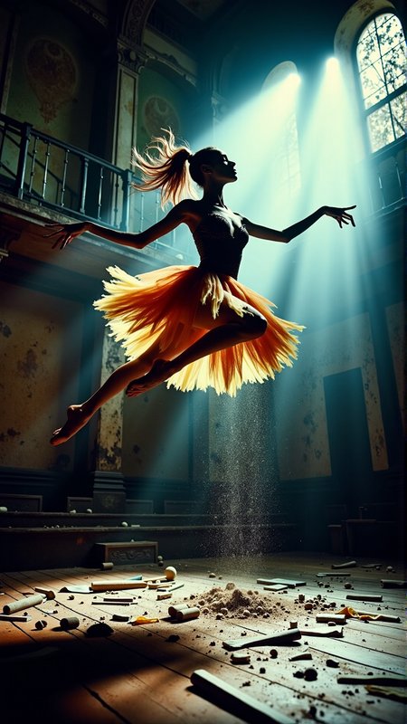 A realistic photo of a halloween A dancer, defying gravity, performing a grand jetÃ in an abandoned, decaying theater. Dimly lit by beams of sunlight streaming through broken windows. Vibrant colors, high contrast, dramatic atmosphere, detailed background, dust particles floating in the air, emotion, determination, elegant, dynamic pose, mid-air, powerful, focused, motion blur, warm colors, orange and yellow, blue and green background, vintage, crumbling walls, emotion, determination, elegance, strength, resilience.<lora:DarkmosphericFlux:1>