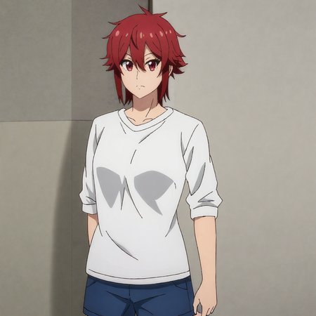 <lora:Tomo_pony_v1:.8>TomoWhiteLongShirt, red hair, 1girl, red eyes, white shirt, blue shorts, hair between eyes, short hair, shiny hair, cowboy shot
