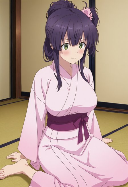 Mai Yanase, toji no miko style, 1girl, solo, purple hair, long hair, hair between eyes, bangs, hair flower ornament, sidelocks, hair up, one-side up, green eyes, large breasts, pink kimono, purple sash, wariza, on floor, looking at viewer, blush, embarrassed
BREAK
inside house
BREAK
anime screencap, anime coloring, anime colored background, detailed background, detailed face, shiny skin, shiny hair, absurdes, highres, dynamic pose, masterpiece, best quality, official art, cel shaded, graphic illustration, digital painting, CGI, very detailed, amazing quality, intricate details, dynamic pose, HDR, UHD, 8K, Fineline illustration, Highly detailed, ultra-fine painting, sharp focus, Professional, Vivid Colors <lora:add-detail-xl:1> <lora:DetailedEyes_V3:1> <lora:Toji_no_miko_character_pack_Illustrious:1>