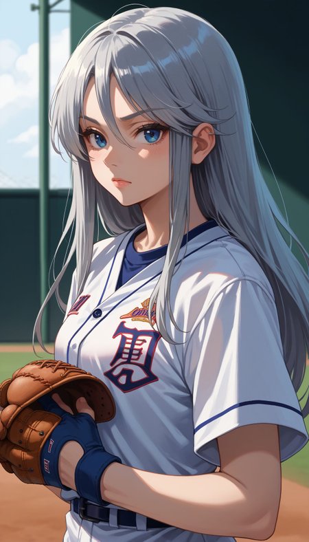 score_9, score_8_up, score_7_up, source_anime,
 <lora:GUPFlint:1> gupflint, 1girl, long hair, grey hair, blue eyes, ,  wearing a baseball uniform in black color