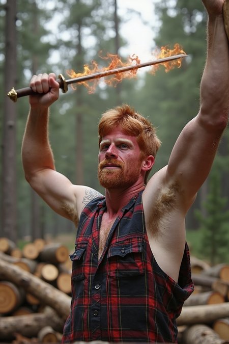 A stunning high-resolution photograph of Aric, a striking ginger man,An action-packed close-up shot of Aric, the ginger warrior, standing ready with a sword of mesmerizing red and yellow fire. The flames dance with fantasy and excitement, casting a warm glow on his face, which exhibits fierce determination. In this serene forest background, ancient trees loom behind him, their trunks bathed in soft light, creating a magical contrast between the natural world and the fiery weapon he wields. The focus captures the intense moment as he prepares to strike, with the surrounding flora blending seamlessly into the magical scene. Created Using: macro photography, cinematic lighting effects, vibrant color interplay, expressive emotion, natural setting, action-oriented composition, high-definition detail, storytelling perspective