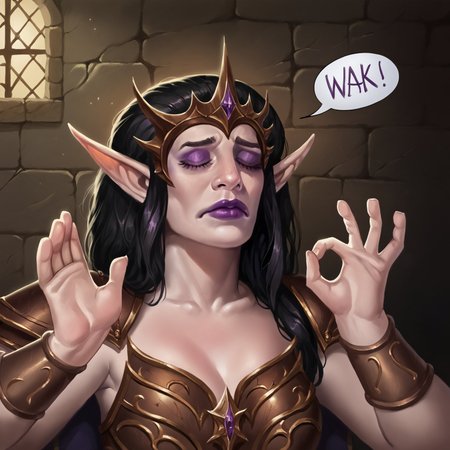 score_7_up, score_6_up, realism, isat4n-dh, pachameme, hands up, ok sign, closed eyes, DESorceress, pointy ears, black hair, purple lipstick, makeup, armor, dark dungeon, dungeon indoors, spoken "KILL" <lora:add-detail-xl:0.5> <lora:sinfully_stylish_SDKL:0.5> <lora:Artist_Style_-_isatandoomsatan666_PDXL:1>  <lora:Sorceress:0.7> <lora:PachaMeme_pdxl_Incrs_v1:1>