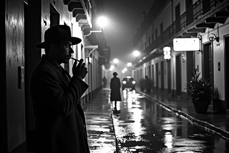 <lora:Mexican Noir Style-flux:1> mxnoirsty, black and white, dark,  Rainy Night in Mexico City (Urban Noir, Shot with a Contax II, Wet Pavement Reflecting Neon Lights)
A detective in a well-worn trench coat stands under a flickering streetlamp in the heart of Mexico City. His cigarette glows in the darkness as he watches a shadowy figure disappear down a narrow alley. The rain has turned the cobblestone streets into a mirror of neon reflectionsâfaintly illuminating old bar signs, the silhouettes of passing boleros, and the distant headlights of a sleek black car. Shot with high-grain 35mm film, the wet pavement gleams under the dim glow, evoking the mystery and intrigue of Mexican Noir at its finest.