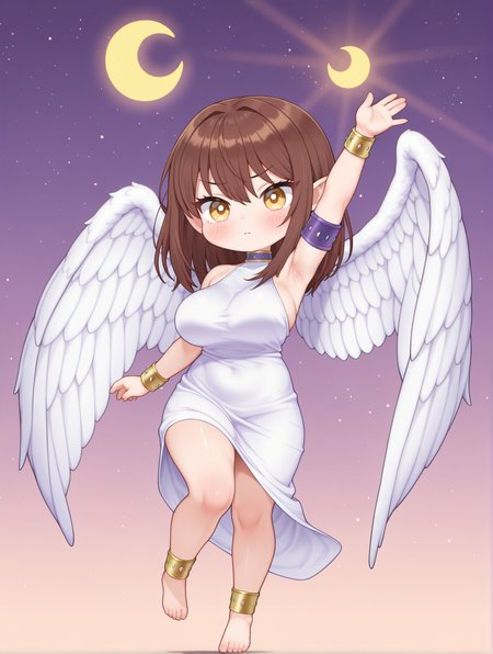 maiden of the moonlight, 1girl, solo, barefoot, angel wings, sky, armpits, blush, full body, closed mouth, large breasts, crescent, medium breasts, purple armband, gold bracelet, white sleeveless dress, purple choker, chibi, gold anklet,
masterpiece,best quality,amazing quality,very aesthetic,absurdres,newest,<lora:Maiden of the Moonlight & Millennium Moon illusXL v1.1:0.74>,