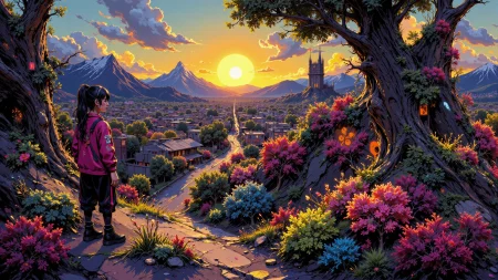 a cyberpunk neighborhood beautiful  landscape, golden hour, woman, very intricate, very detailed, sharp, bright, colorful, <lora:Hand v2:0.5> <lora:Anti-Blur:1><lora:Insane Detail Slider:0.25>  <lora:flux.1_lora_flyway_Epic-detail_v2:0.3><lora:fluxenhancer:0.35> <lora:neon-graffiti-punk-flux:1> mad-grfftpnk