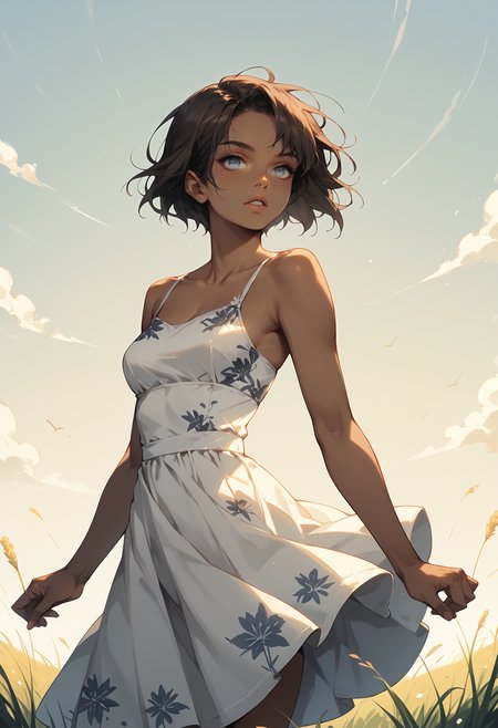 score_9, score_8_up, score_7_up, score_6_up, score_5_up, score_4_up, (masterpiece, best quality, high quality, highres, ultra-detailed), source_anime, 1girl, solo, sundress, floral print, short hair, brown hair, blue eyes, looking up, parted lips, dark skin, tomboy, arms out, dancing, spinning, grass, field, <lora:Sinozick_Style_XL_Pony:0.8> sinozick style, flat color, dark theme, <lora:jym-r4t:0.9> p_e_g,
